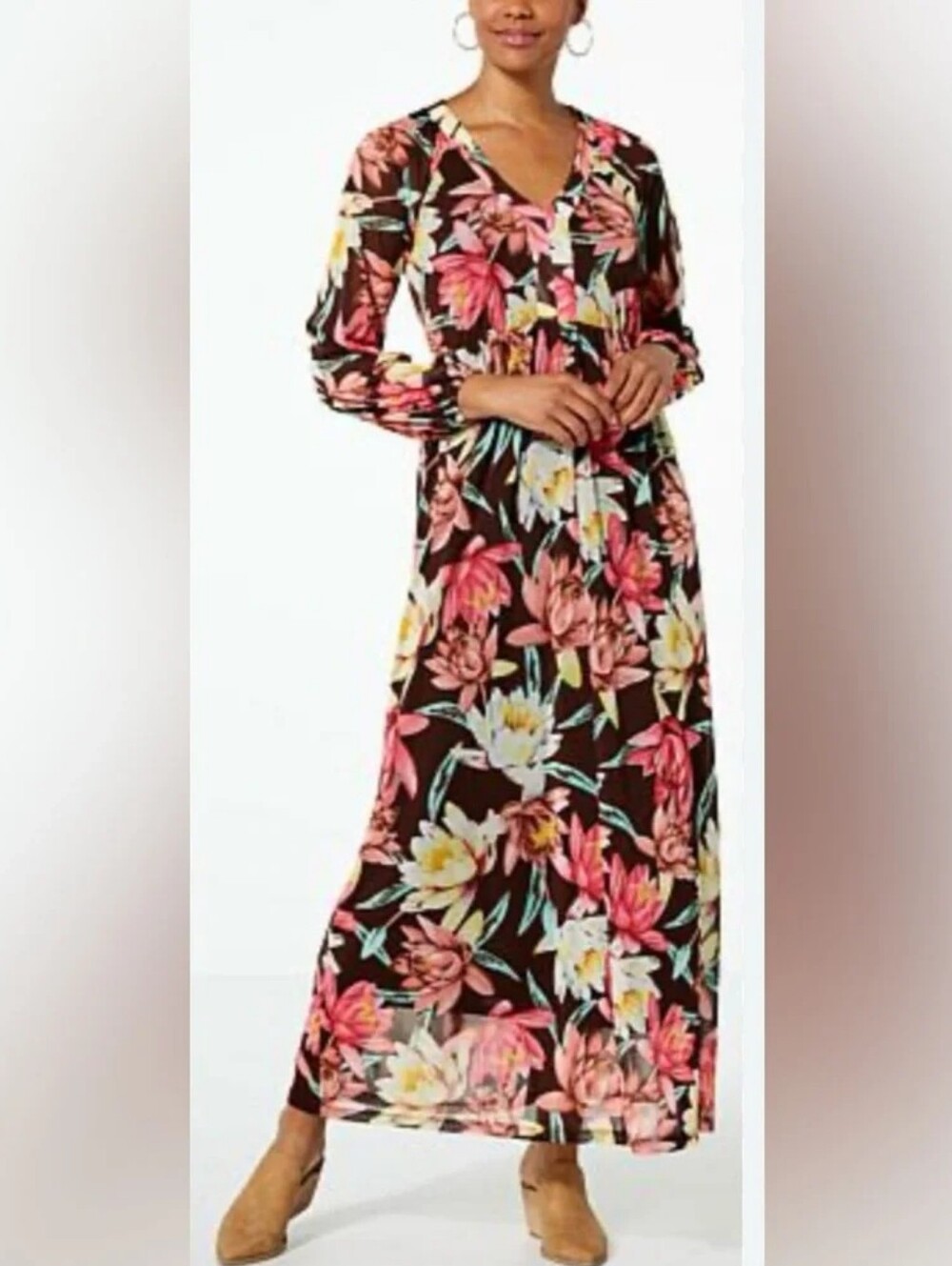 IMAN Brown Floral V-Neck Long Sleeve Maxi Dress Size L